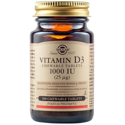 Solgar Vitamin D3 1000iu (25μg) Συμπλήρωμα Διατροφής Βιταμίνης D3 για την Αντιμετώπιση της Οστεοπόρωσης 100 Chew.tabs