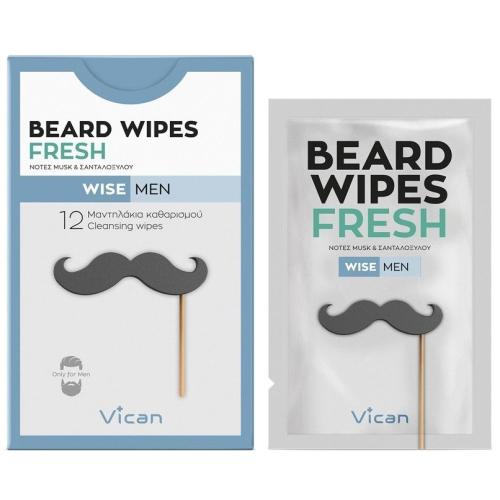 Vican Wise Men Beard Wipes Fresh Υγρά Μαντηλάκια Καθαρισμού Γενειάδας 12 Τεμάχια