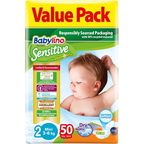 Babylino Sensitive Value Pack Mini Νο2 (3-6kg) Βρεφικές Πάνες 50 τεμάχια