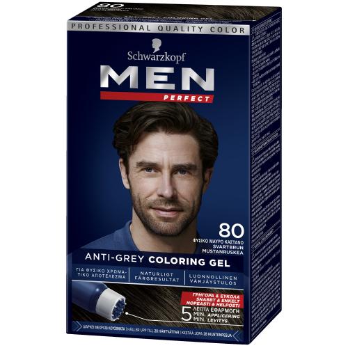 Schwarzkopf Men Perfect Επαγγελματική Βαφή Gel Μαλλιών για Άνδρες, Κάλυψη των Λευκών & 100% Φυσικό Αποτέλεσμα - N80 Μαύρο Καστανό