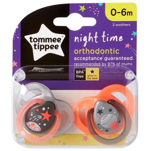 Tommee Tippee Night Time Silicone Soothers Κωδ 433473 Ορθοδοντική Πιπίλα Σιλικόνης που Λάμπει στο Σκοτάδι από 0 Έως 6 Μηνών 2 Τεμάχια