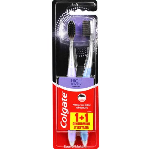 Colgate High Density Charcoal Toothbrush Soft Μαλακή Οδοντόβουρτσα με Ίνες Εμπλουτισμένες με Άνθρακα για Βαθύ Καθαρισμό 2 Τεμάχια - Μωβ / Γαλάζιο
