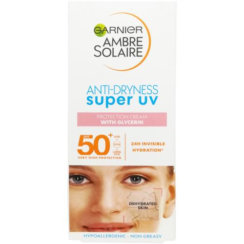 Garnier Ambre Solaire Anti Dryness Super UV Protection Cream Spf50+ Υποαλλεργική 24h Αντηλιακή Κρέμα Προσώπου Πολύ Υψηλής Προστασίας με Λεπτόρρευστη Υφή 50ml