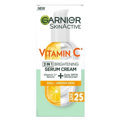 Garnier Skin Active Vitamin C 2 in 1 Brightening Serum Cream Spf25 Προϊόν Περιποίησης Προσώπου 2 σε 1 με Βιταμίνη C για Λάμψη & Ομοιόμορφη Όψη 50ml