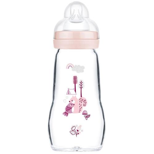 Mam Feel Good Κωδ 377S Premium Glass Bottle 2m+, Γυάλινο Μπιμπερό με Επίπεδη, Μαλακή Θηλή Σιλικόνης από 2+ Μηνών 260ml - Ροζ