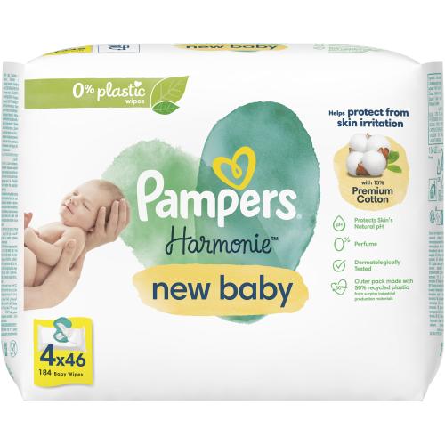 Pampers Harmonie New Baby Wipes Απαλά Υγρά Μαντηλάκια Κατά των Ερεθισμών με Βαμβάκι για Νεογέννητα με Καπάκι 184 Τεμάχια (4x46 Τεμάχια)