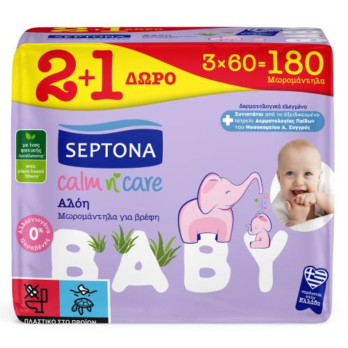 Septona Baby Calm n' Care Wipes Aloe Απαλά Βρεφικά Μωρομάντηλα με Αλόη 180 Τεμάχια