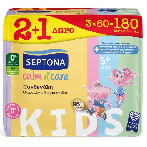 Septona Calm n' Care Kids Wipes Panthenol Απαλά Μωρομάντηλα με Πανθενόλη & 0% Πλαστικό, για Παιδιά από 3 Ετών 180 Τεμάχια