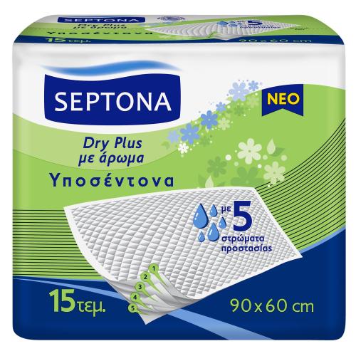 Septona Dry PLus Υποσέντονα με Απαλό Άρωμα για Έλεγχο των Οσμών & 5 Στρώματα Προστασίας 90 x 60cm 15 Τεμάχια