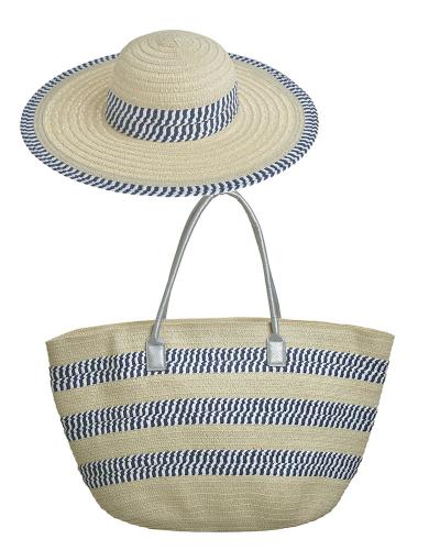Καπέλο Με Τσάντα Θαλάσσης Ψάθινα Λευκό-Γαλάζιο ble 5-49-151-0423 (Υλικό: Ψάθινο, Χρώμα: Μπλε) - ble - 5-49-151-0423
