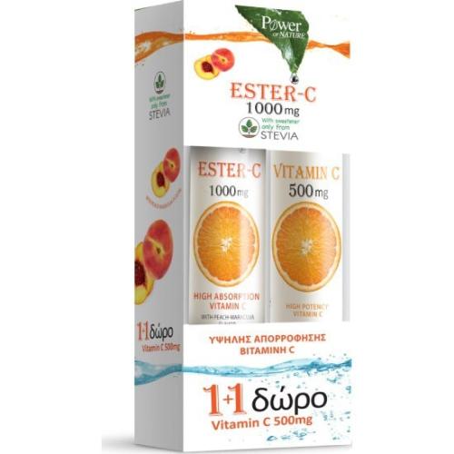 POWER HEALTH Ester C 1000mg & Vitamin C 500mg Ροδάκινο Πορτοκάλι 2x20 Αναβράζοντα Δισκία