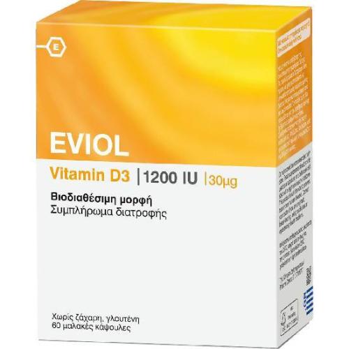 EVIOL Vitamin D3 1200IU Συμπλήρωμα Διατροφής για τη Φυσιολογική Λειτουργία των Οστών των Δοντιών και των Μυών 30μg 60 caps
