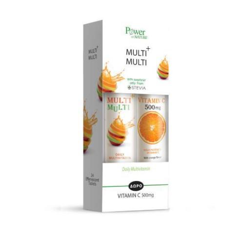 POWER HEALTH Multi + Multi με Στέβια & Vitamin C Βιταμίνη 500mg Πορτοκάλι 20 αναβράζοντα δισκία