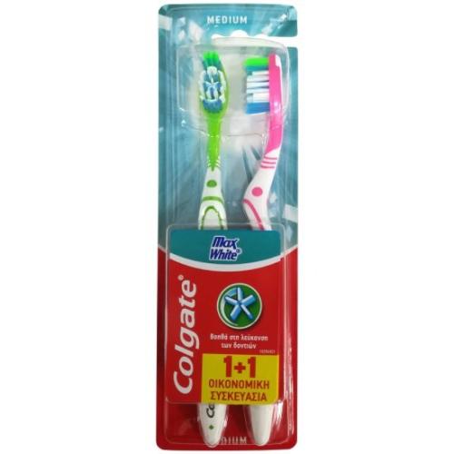 COLGATE 360 Max White Οδοντόβουρτσα Μέτρια 1+1 ΔΩΡΟ 2 τεμάχια - ροζ-πράσινο