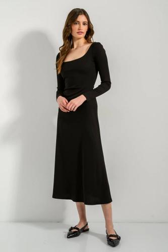 Midi ριπ φόρεμα με τετράγωνο ντεκολτέ (BLACK)