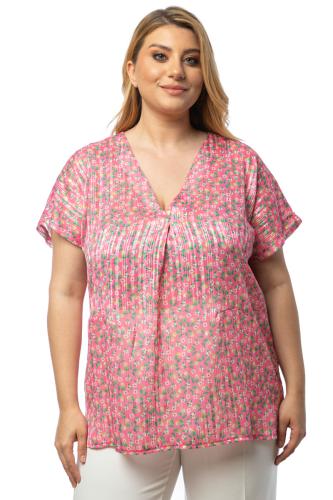 Ημιδιάφανη μπλούζα με πιέτα στο V σε ροζ χρώμα