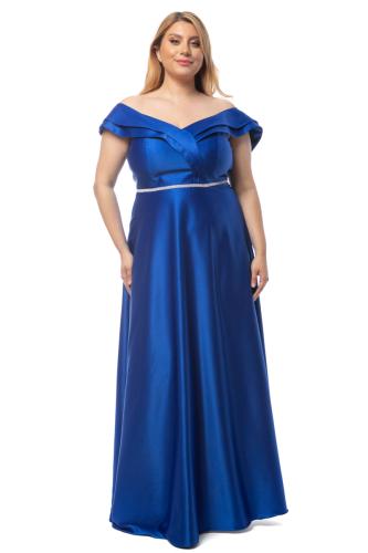 Maxi σατέν φόρεμα με στρας στη μέση σε μπλε χρώμα