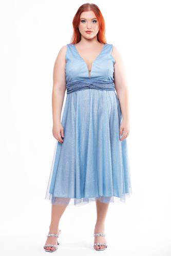 Midi φόρεμα από τούλι με glitter σε ίντιγκο χρώμα