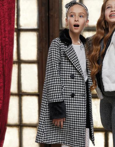 Παλτό πιε ντε πουλ με συνθετική γούνα για κορίτσι | ΜΑΥΡΟ