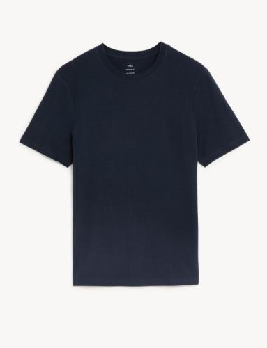 T-Shirt με Κλειστή Στρογγυλή Λαιμόκοψη Σκούρο Μπλε από 100% βαμβάκι (L) Marks & Spencer