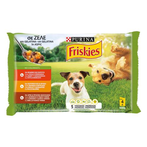 Τροφή για σκύλους Βοδινό, Κοτόπουλο και Αρνί σε Ζελέ Friskies (4x100g)