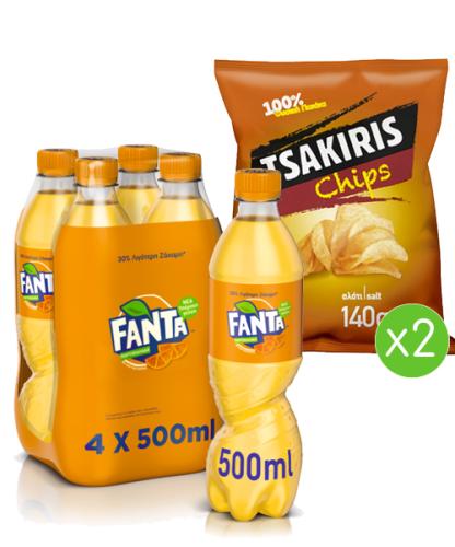 Πορτοκαλάδα Fanta (4x500 ml) & Τσιπς με Αλάτι Tsakiris (2x140 g)