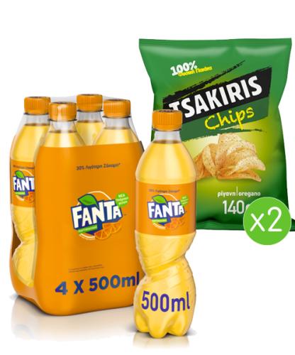 Πορτοκαλάδα Fanta (4x500 ml) & Τσιπς με Ρίγανη Tsakiris (2x140 g)