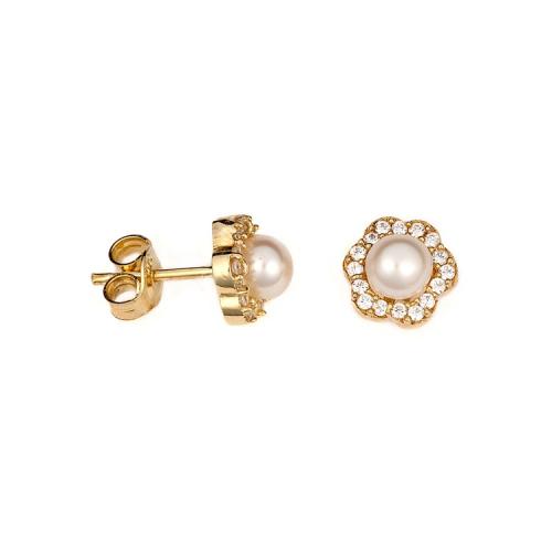 Σκουλαρίκια ροζέτες σε χρυσό Κ14 με μαργαριτάρι και λευκές πέτρες ζιργκόν SKG-0018G