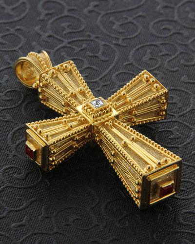 Σταυρός χειροποίητος χρυσός Κ18 με διαμάντια και ρουμπίνια