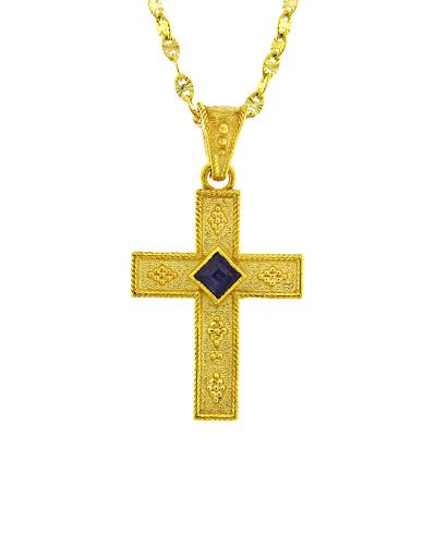 Σταυρός βυζαντινός χρυσός Κ14 με Ζαφείρι Δεν περιλαμβάνει αλυσίδα