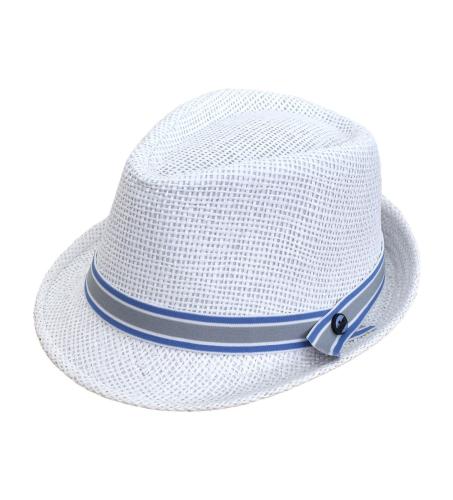 NstNastasia Βαπτιστικό Ψάθινο Λευκό Καπέλο Σιέλ Γκρι Ριγέ Τρέσα Κουμπί 4077