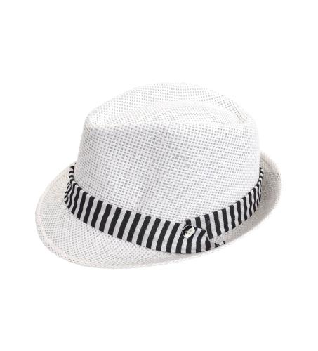 NstNastasia Βαπτιστικό Ψάθινο Λευκό Καπέλο Μπλε Ριγέ Τρέσα Κουμπί 0040