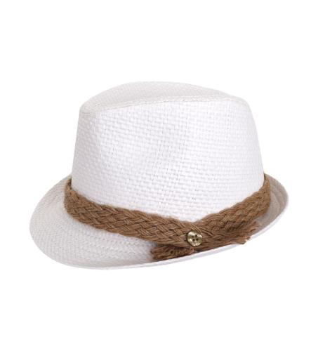 NstNastasia Βαπτιστικό Ψάθινο Λευκό Καπέλο Σχοινί Τρέσα Κουμπί 0051