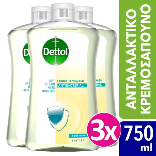 Dettol Αντιβακτηριδιακό Υγρό Κρεμοσάπουνο για Ευαίσθητες Επιδερμίδες Ανταλλακτικό 3x750 ml