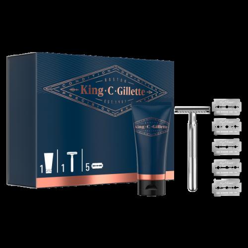 Gillette King C. Ανδρικό Σετ Δώρου Για Styling: Ανδρική Ξυριστική Μηχανή Ασφαλείας+ 5 Ξυράφια Διπλής Ακμής + Διάφανο Gel Ξυρίσματος 150 ml