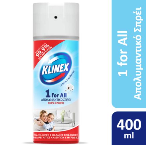 Klinex Απολυμαντικό Spray 1-For-All Χωρίς Χλώριο Για Όλες Τις Επιφάνειες Cotton Fresh 400ml