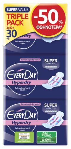 Σερβιέτες EveryDay Hyperdry SUPER Ultra Plus Triple Pack 30 τεμ. STR -50%