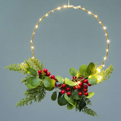 Χριστουγεννιάτικο Διακοσμητικό Κρεμαστό Ring Leaves Berries Led X09401114 Φ30cm Με Μπαταρίες Multi Aca