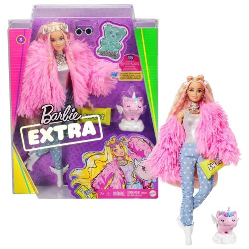 Κούκλα Barbie Extra GRN28 Με Χνουδωτό Ροζ Μπουφάν & Pet Unicorn Pigg Pink Mattel