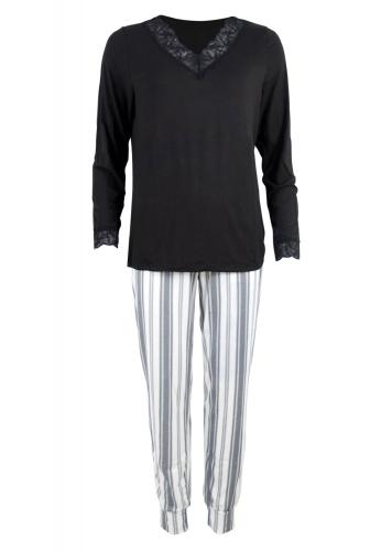 Γυναικεία πιτζάμα διακοσμητική δαντέλα παντελόνι με ρίγες. Ηοmewear Collection ΜΑΥΡΟ