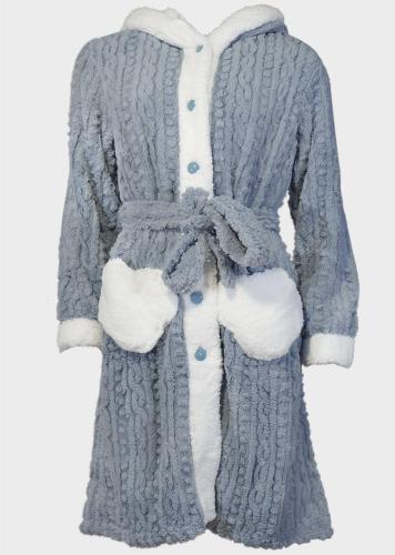 Γυναικεία ρόμπα fleece ανάγλυφο σχέδιο κουμπιά τσέπες κουκούλα. Homewear Collection ΓΚΡΙ