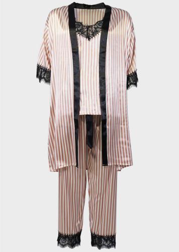 Γυναικεία set σατέν πιτζάμα ρόμπα τοπ & παντελόνι με ρίγες. Saten Collection. Συσκευασία 3pack ΡΟΖ