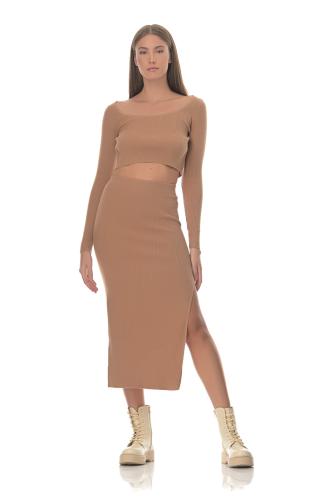 Γυναικείο ρίπ ελαστικό σέτ τοπ-φούστα πλαϊνό σκίσιμο ΚΑΜΕΛ