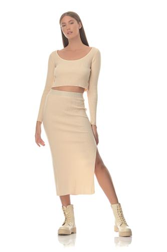 Γυναικείο ρίπ ελαστικό σέτ τοπ-φούστα πλαϊνό σκίσιμο ΜΠΕΖ