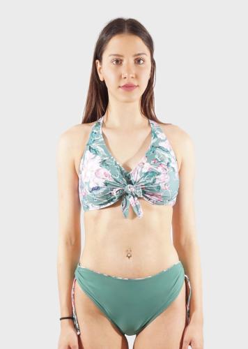 Γυναικείο σετ μαγιό bra αποσπώμενη επένδυση all print floral bikini ψηλόμεσο ρυθμιζόμενο πλαϊνό. Καλύπτει D-E CUP ΧΑΚΙ
