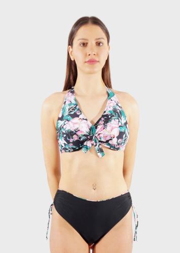 Γυναικείο σετ μαγιό bra αποσπώμενη επένδυση all print floral bikini ψηλόμεσο ρυθμιζόμενο πλαϊνό. Καλύπτει D-E CUP ΜΑΥΡΟ
