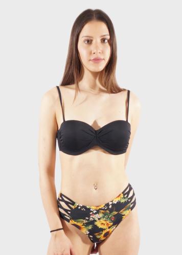 Γυναικείο σετ μαγιό bra ενσωματωμένη επένδυση αποσπώμενες τιράντες bikini floral ψηλόμεσο cut-out. Καλύπτει B CUP ΜΑΥΡΟ