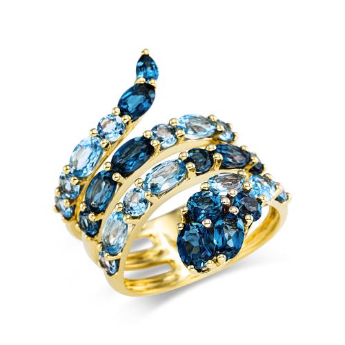 Diamond Group Δαχτυλίδι σε Σχήμα Φιδιού με London Blue Topaz από Kίτρινο Χρυσό 18 Καρατίων DDX472