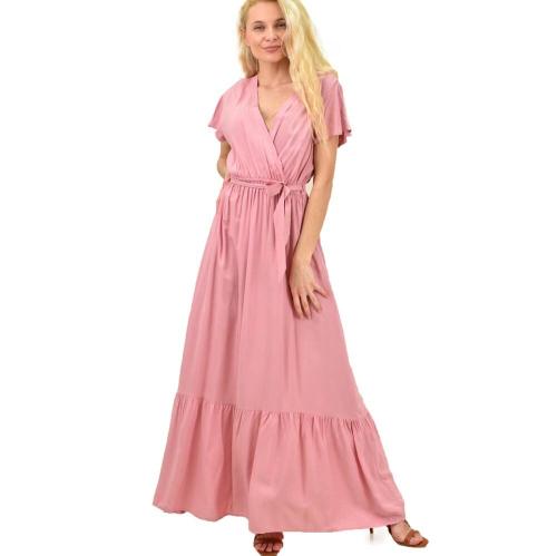 Γυναικείο φόρεμα μονόχρωμο κρουαζέ Ροζ 14189