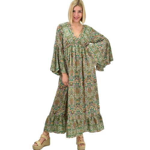 Γυναικείο μεταξωτό boho φόρεμα με τσέπες χωρίς ζώνη Πράσινο 19690
